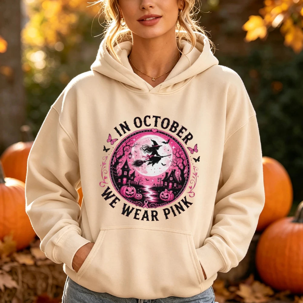 In October We Wear Pink Print Hoodie Halloween Witch Graphic Pullover Pink Ribbon Survivor Support Long Sleeve Blouse Hoodies