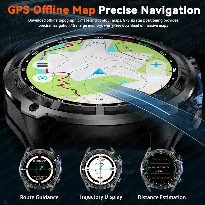 New Six Satellite GPS Precise Positioning Offline Map Smartwatch 10ATM 4GB Memory Flashlight SpO2 170+Sports Tracker Call Watch