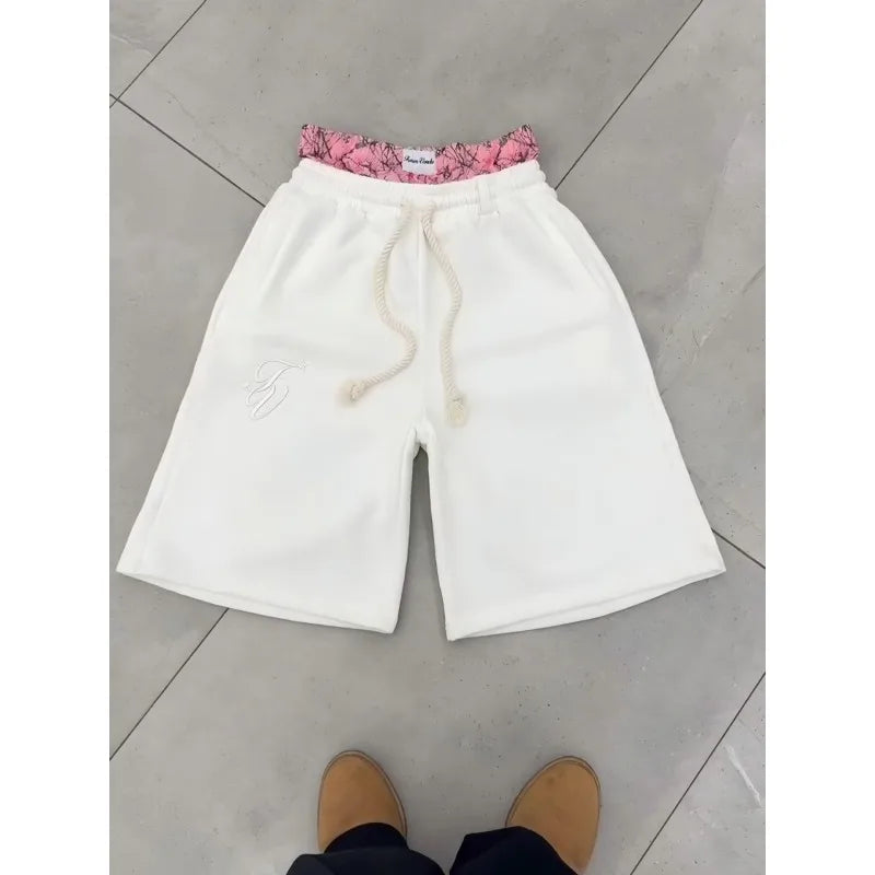 American High Street Fashion Brand Y2K Double Waist Embroidered Design Casual Loose Five Quarter Shorts