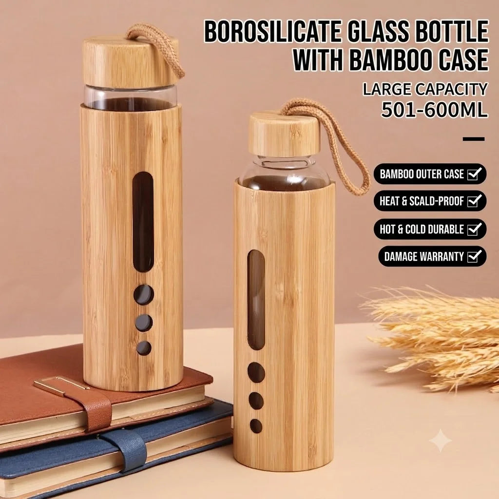 550ML Borosilicate Glass Water Bottle Bamboo Sleeve Cover Eco-Friendly Reusable Travel Drinkware Protective Tumbler Outdoor Cups