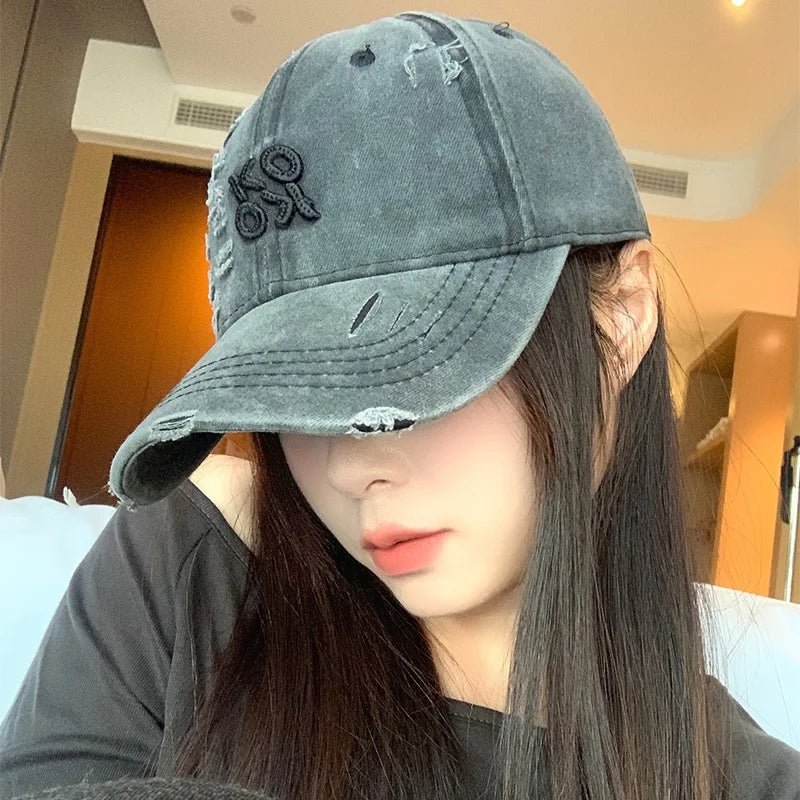 Hip Hop Unisex Baseball Cap Punk Holes Washed Cotton Snapback Peaked Hat Solid Color Street Visors Dad Trucker Letters Cap