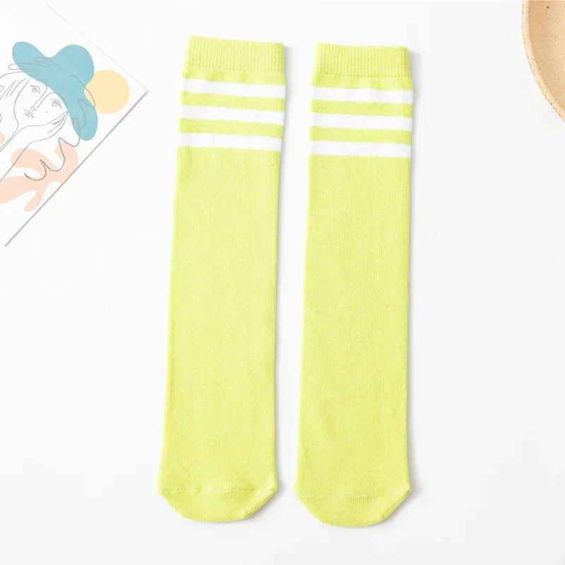 28cm Kids Soccer Socks Three Stripes Knee High Socks Cotton Sports Socks Toddler Boys Girls Uniform Tube Socks