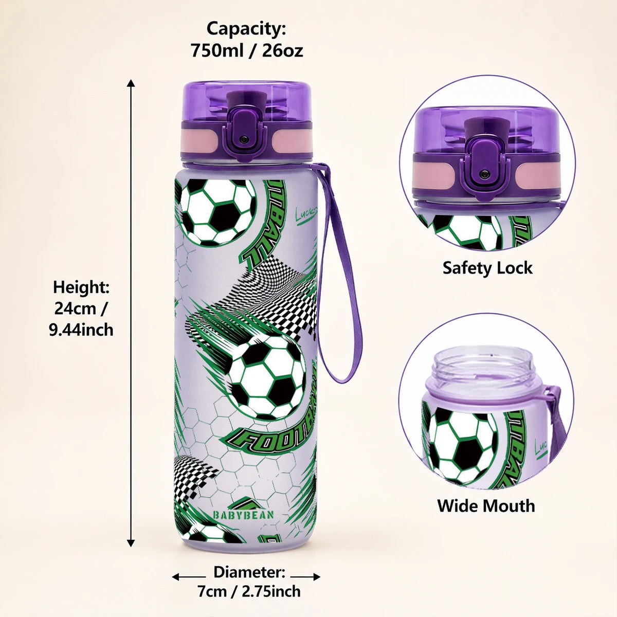 750ml Football Pattern Kids Water Bottle Leak Proof Flip Lid Portable Sports Drink Cup For Boys Outdoor Sport