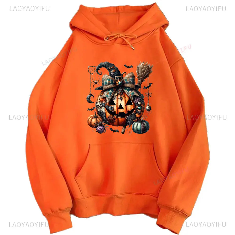 2024 Halloween Orange Hoodie Kawaii Halloween Pumpkin bowknot Women's Hoodie Harajuku Halloween Print Autumn Warm Unisex Hoodie