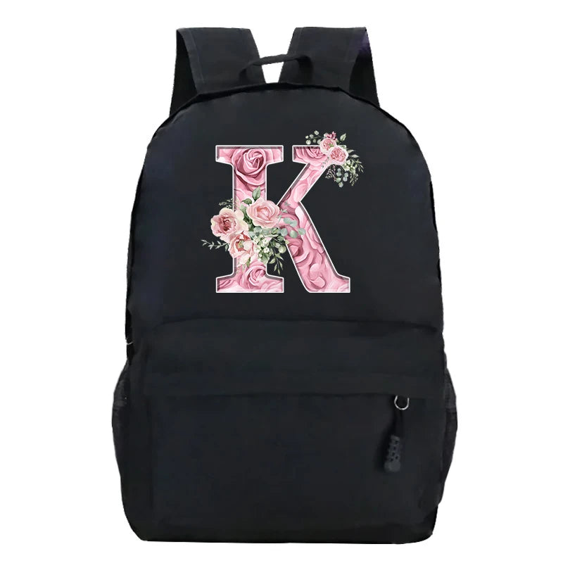 Pink Rose Alphabet Backpack Black Casual Women Aesthetics Rucksack Teenage Girl Boy Flower Letter School Bag Student Mochilas