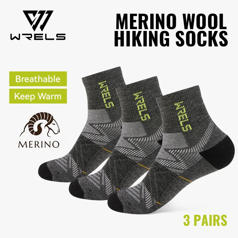 WRELS 1/2/3Pairs Merino Wool Socks Hiking Running Socks Breathable Cushion Sweat Wicking Warm Thermal Compression Wool Socks