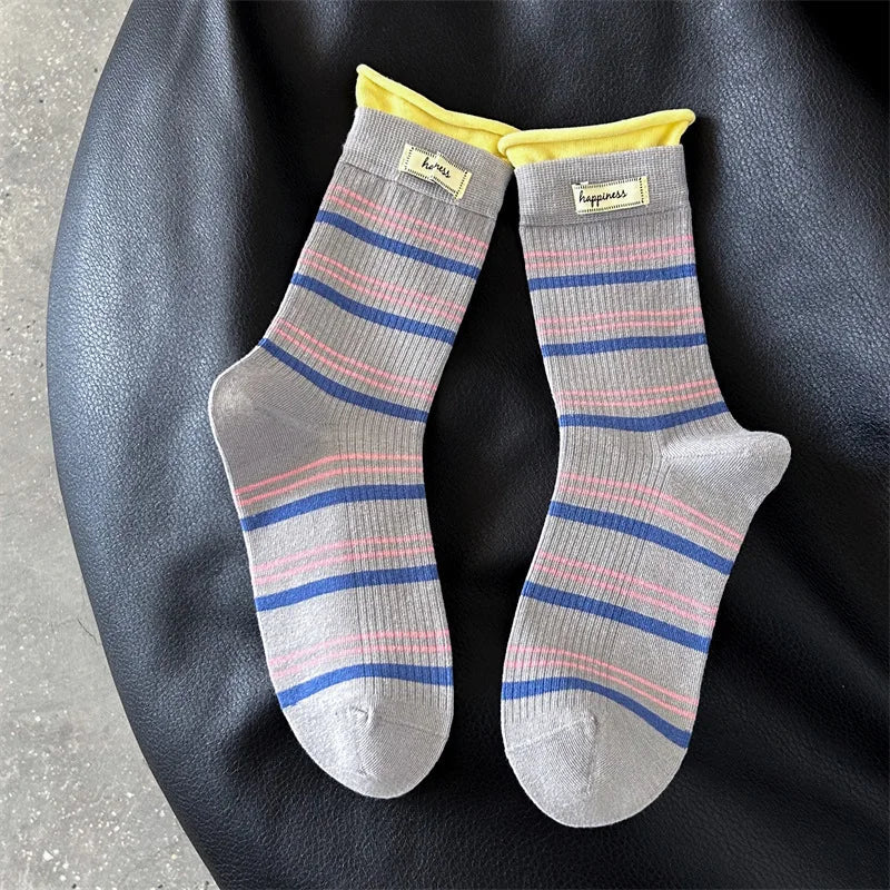 5 Pairs Women's Socks Pack High-quality Pile Socks For Girl Korean Striped Simple Fashionable Versatile Sweet Middle Tube Socks