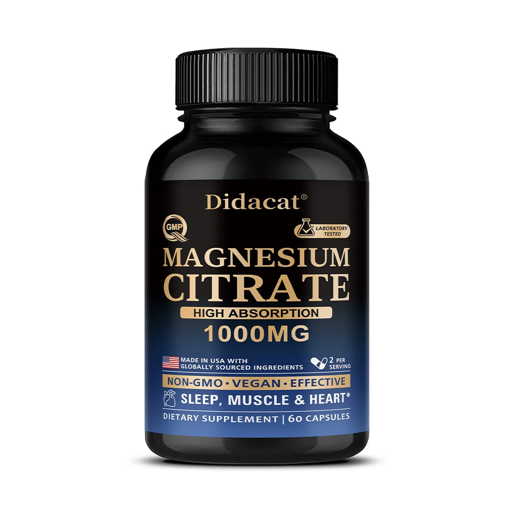 Magnesium Citrate Capsules 1000mg,High Absorption Supplement - Sleep, Muscle & Heart Support,Non-GMO Vegan