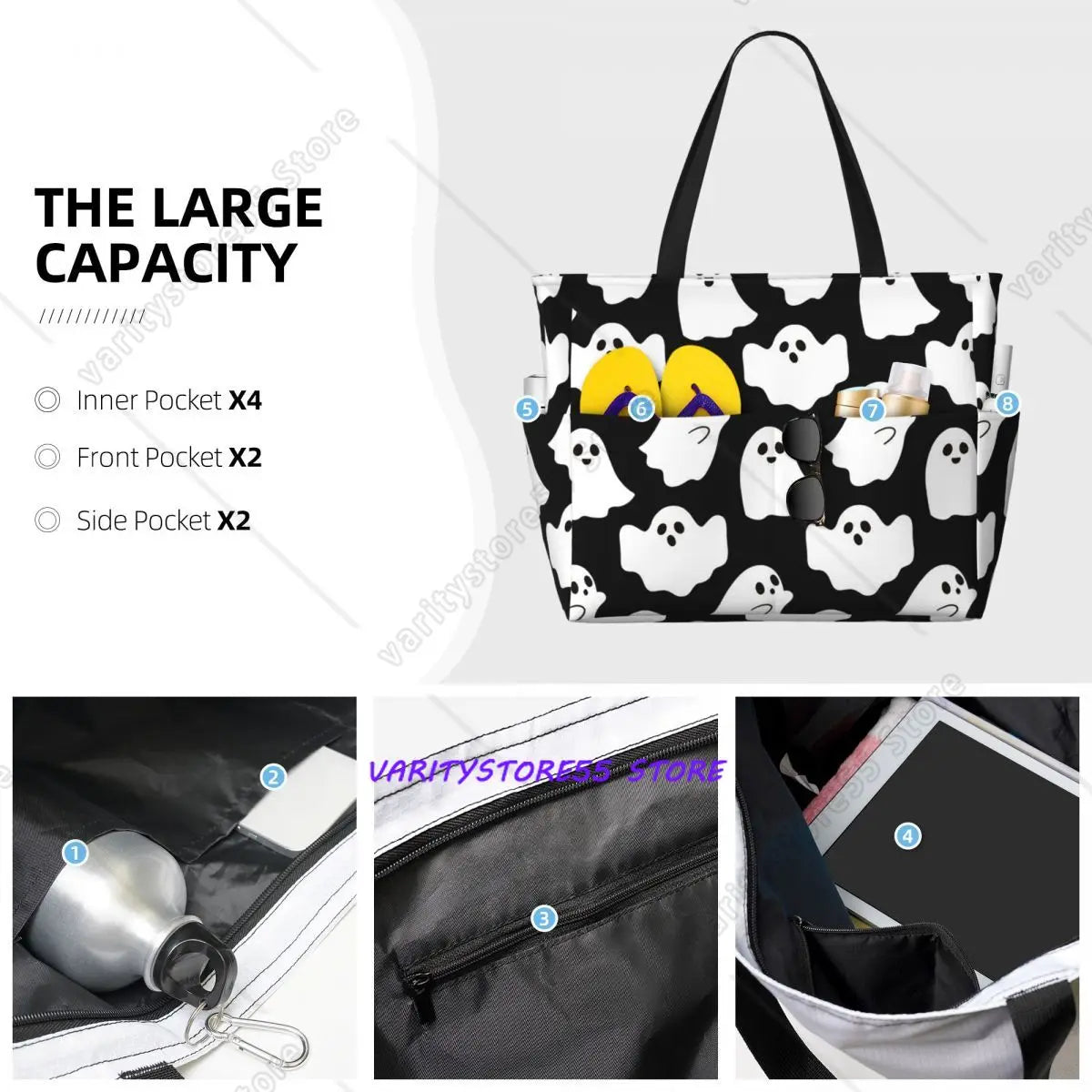 Ghost Halloween Cartoon Pattern Beach Tote Bag Sport Gym Yoga Duffle Large Tote Bag Women Travel Fitness