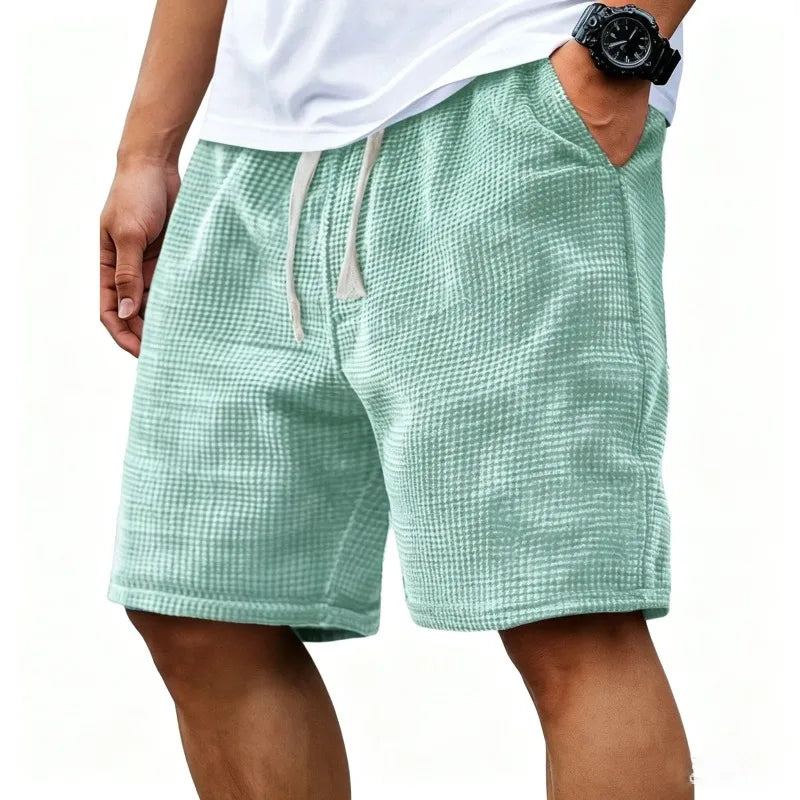 Men Waffle Plaid Casual Shorts Elastic Drawstring Loose Fit Summer Beach Walking Jogging Short PantsS-4XL