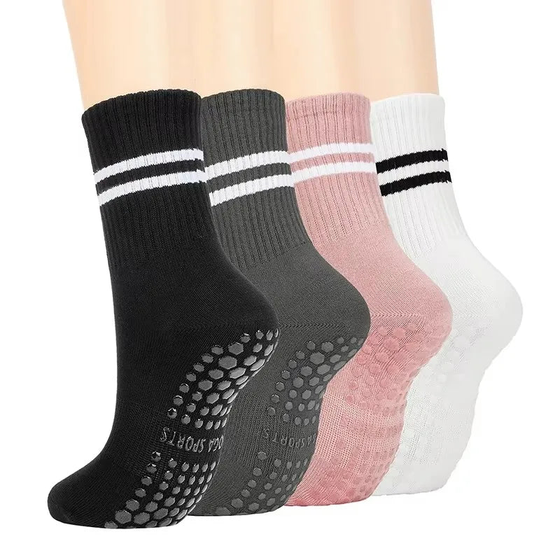4 Pairs Women Anti-Skid Yoga Socks Grips Cotton Mid-Tube Bottom Breathable Fitness Dance Barre Workout Pilates Socks 8 Colors