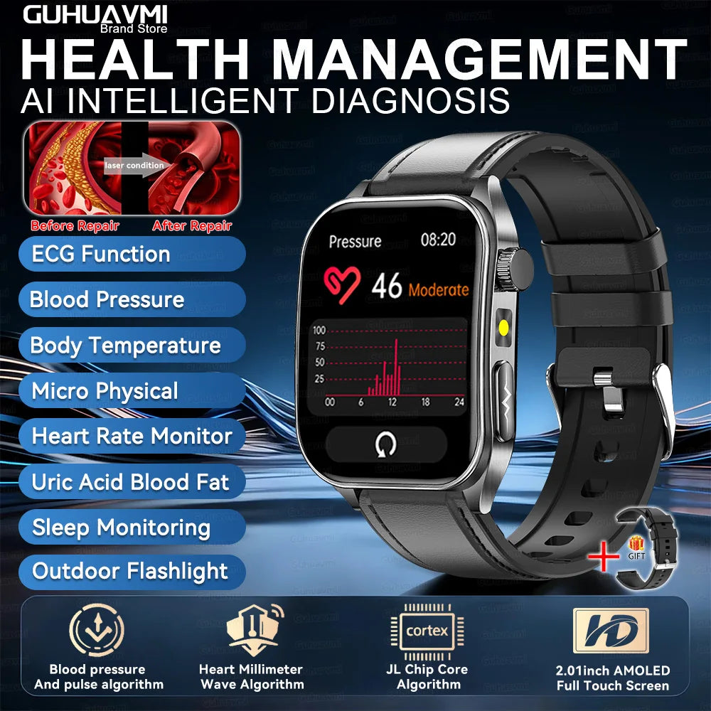 2026Hot AI-GPT Diagosis ECG Health SmartWatch Blood Pressure Lipid Uric Acid 650nm Dual-Probelaser Heart Analysis Smart Bracelet