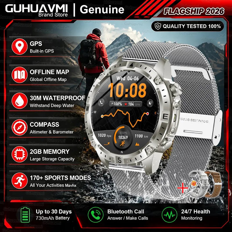 2026New Military Built-in GPS Offline Map Smart Watch AMOLED HD BT Call Compass Flashlight 3ATM Waterproof Men Sports Smartwatch