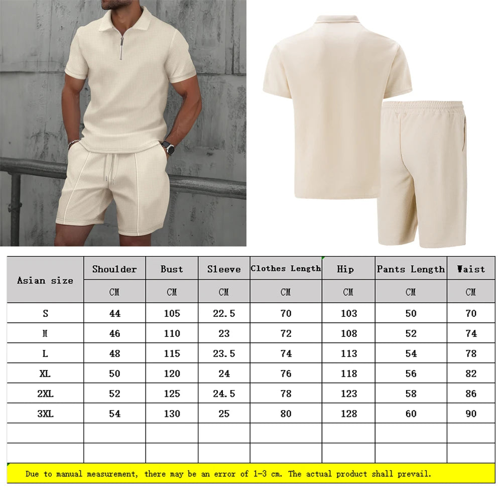 Men Europe and the United States New Summer Waffle Solid Color Zip-Up Lapel Short-Sleeve Suit Shorts Two Sets