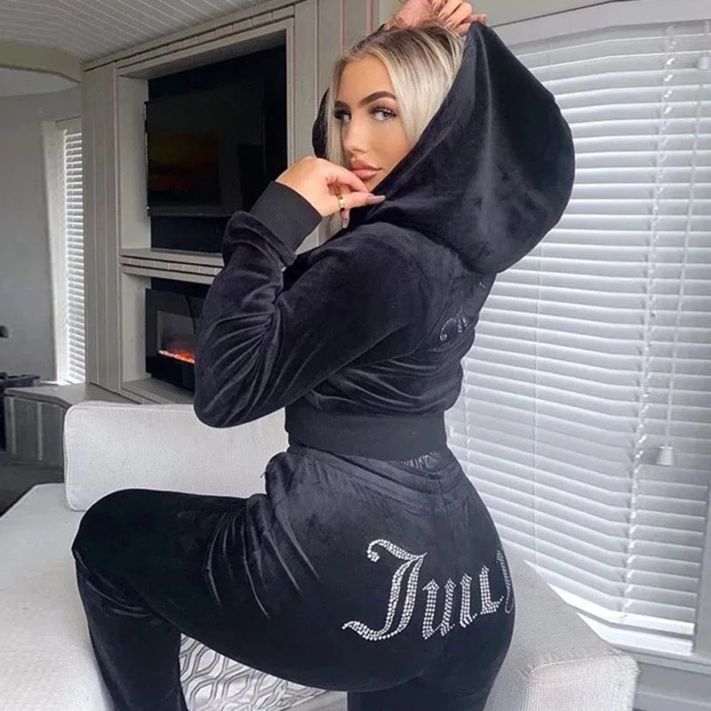 2026 New Spring And Autumn Tracksuit Women Velvet Diamond Long Sleeve Pants Hoodie Zipper Casual Two Piece Set