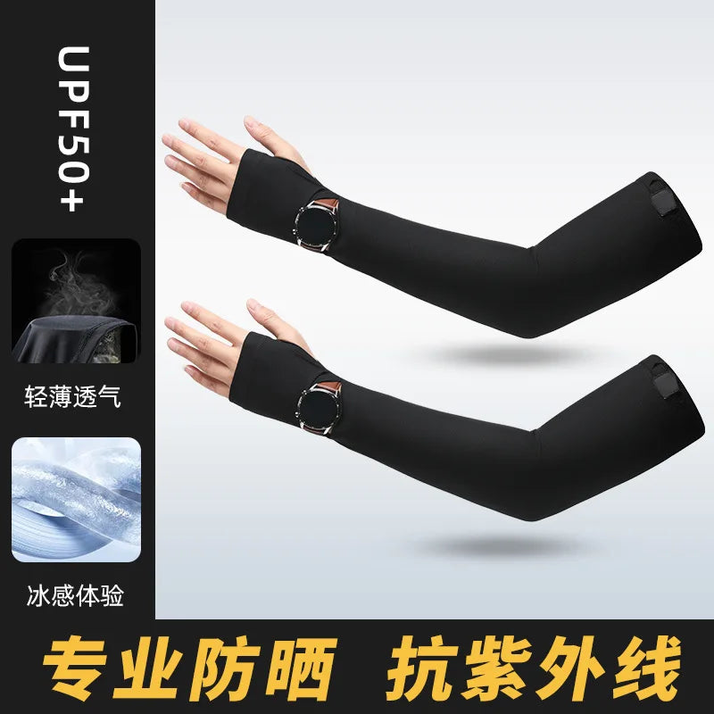 1Pair UPF50+ Cooling Arm Sleeves Breathable UV Protection Fingerless Outdoor Cycling Driving Sun Shield Moisture-absorbing Men