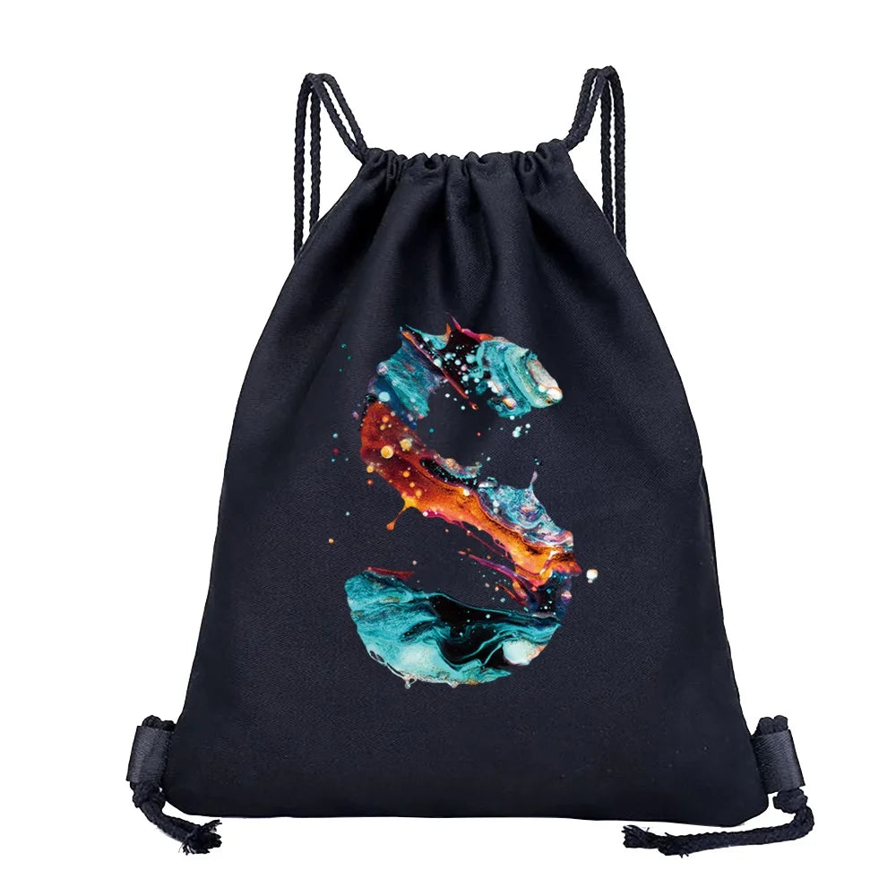 26 Initials Print Drawstring Bag Backpack Men and Women Beach Sports Travel Backpack Kid Gift Supplies Bag Portable Sundries Bag