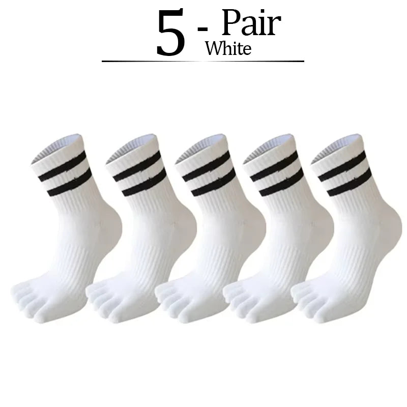 5 Pairs/lot Man Toe Sport Socks Compression Thick Cotton Black White Stripes Elastic 5 Finger Short Socks Outdoor Running Socks