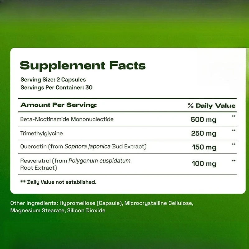 NMN Complex Supplement 1000mg Serving TMG Quercetin Resveratrol Capsules Cellular Wellness Supplement Supports Energy