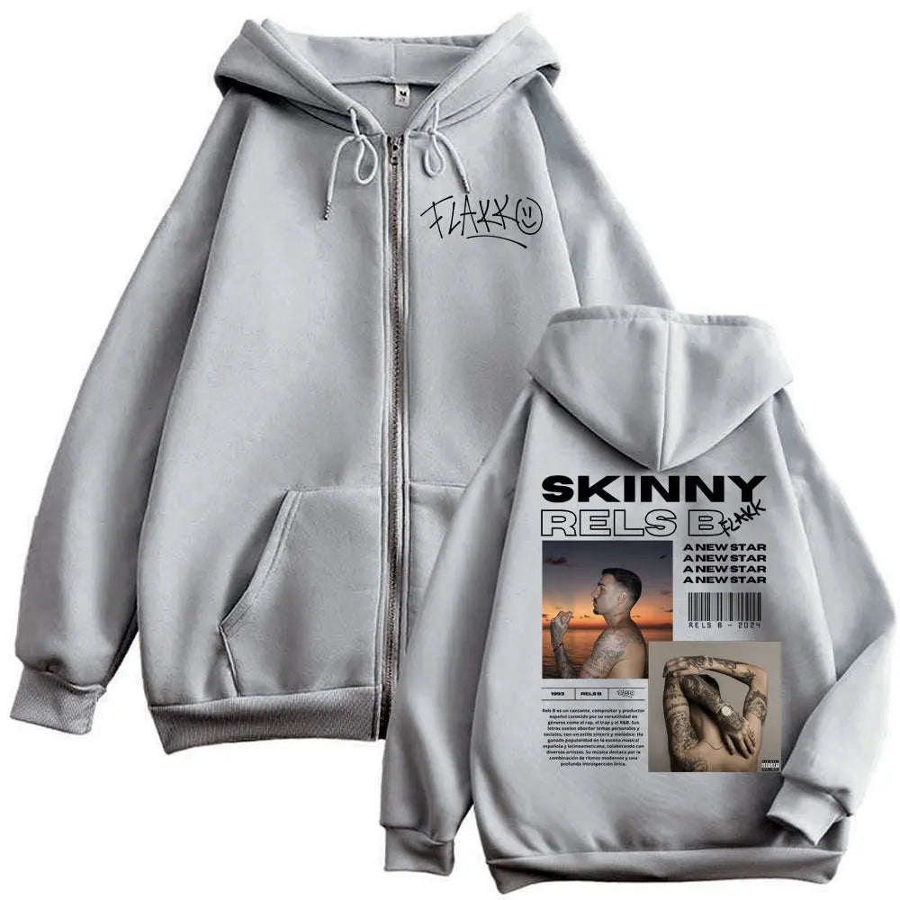Rapper RELS B Album Poster Graphic Zipper Hoodies Men Women Hip Hop Vintage Zip Up Pullovers Fashion Casual Hooded Sweatshirts