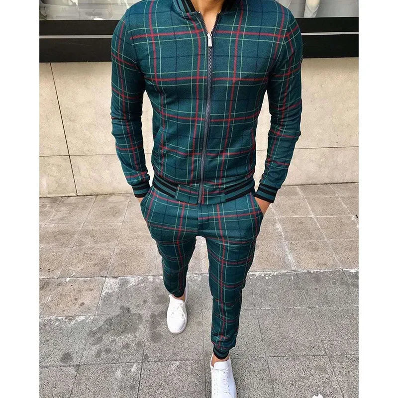 2-piece Autumn Winter New Men's Sports Set Clothes for Man Tracksuit Sport Checkered Zipper Sports Shirt Running Jogging Clothes