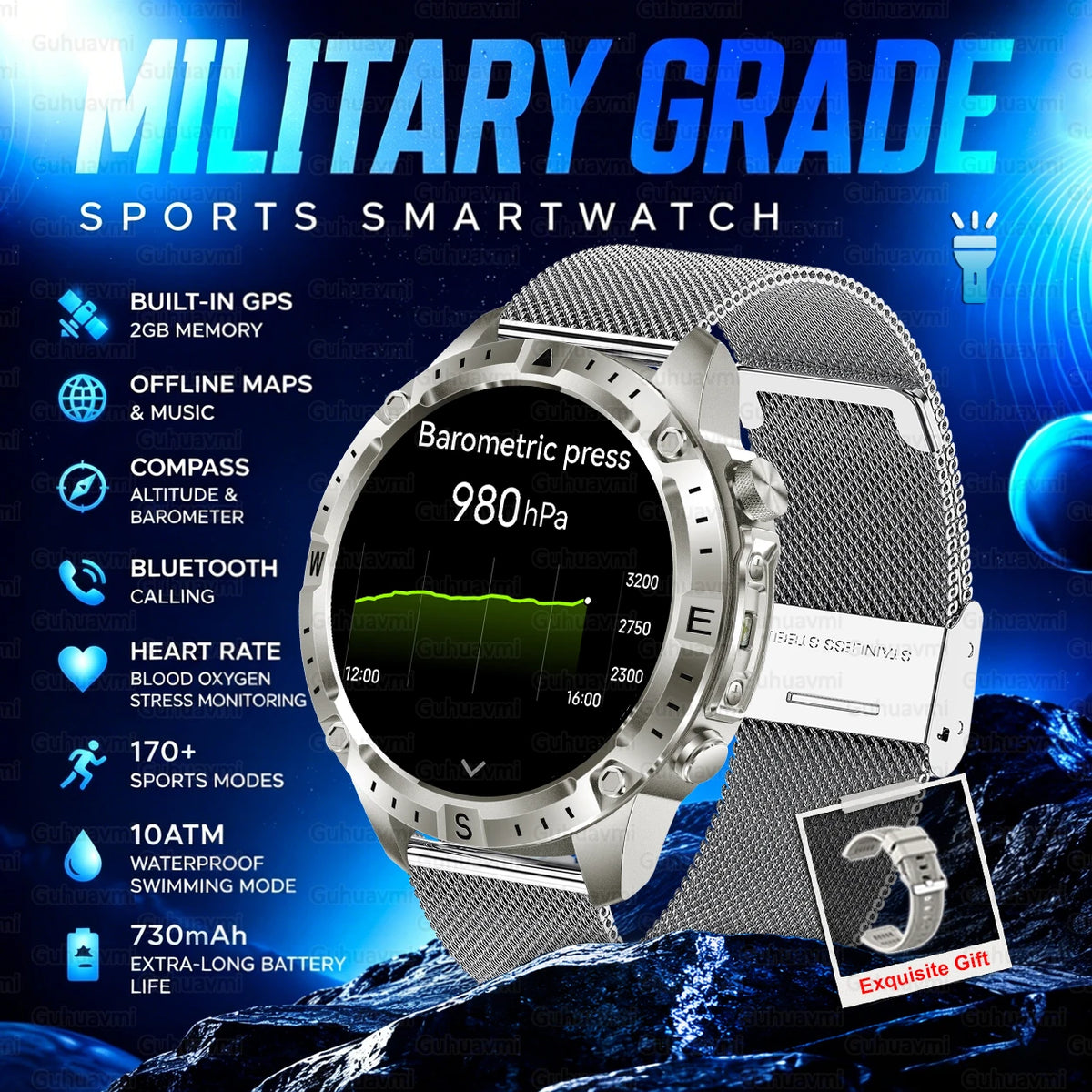 2026 New Rugged Military Smartwatch 2GB Memory GPS Offline Maps Compass 24H Heart Rate 10ATM Waterproof Bluetooth Sports Watches