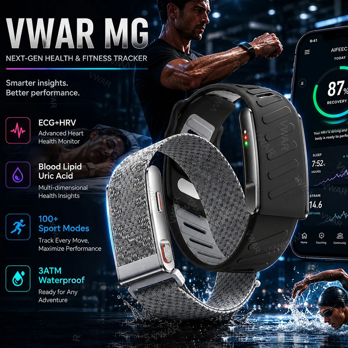 2026 New Nursing Grade Smart Bracelet VWAR MG SpO2 Blood Lipid Uric Acid ECG+PPG Waterproof NO Screen Band Sport Fitness Tracker