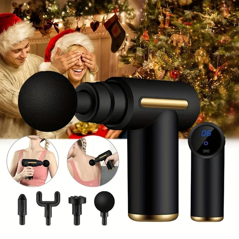 Portable Wireless Massage Gun Electric Deep Tissue Relaxer LED Screen 4 Massage Heads 1200mAh Battery for Body Pain Relief