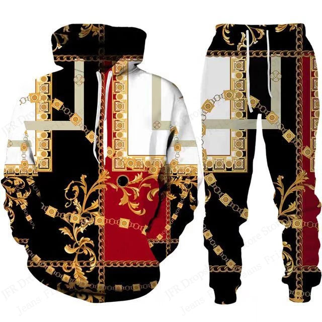 Mens Two Piece Hoodie Pant Sets Golden Pattern 3d Print Sets Men Women Fashion Hoodie+Pant 2 Piece Suit Sports Tracksuit Comfort