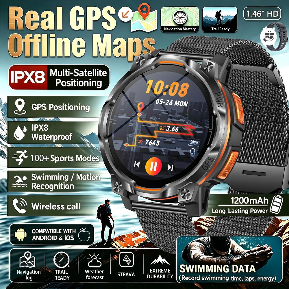 New Outdoor GPS Offline Map Smart Watch Men IPX8 Waterproof 100+ Sports LED Compass Altimeter AMOLED Bluetooth Call Smartwatch
