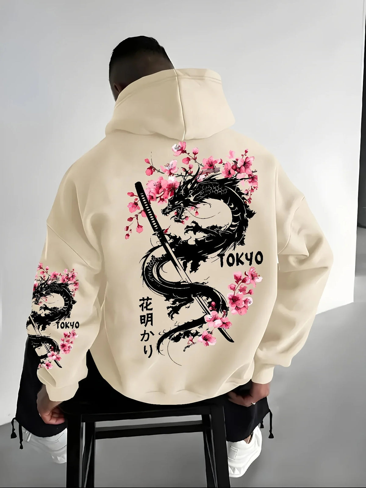Japan Men Women Anime Dragon Sakura Print Hoodie Street Harajuku Y2K Sports Casual Loose Autumn Winter Warm Sweatshirt Clothing