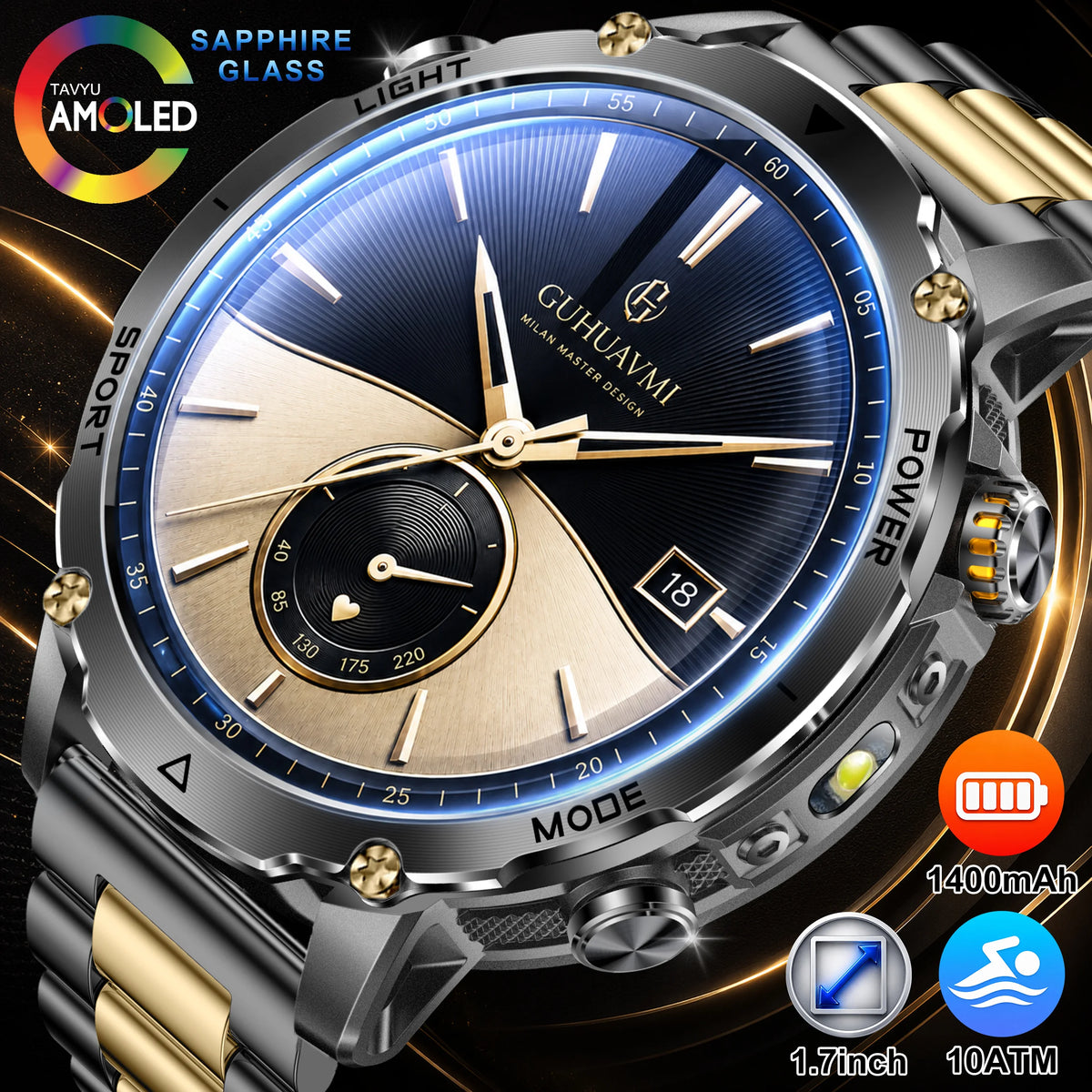 New GPS Sapphire Glass Smartwatch Business men 1.7-inch AMLED Screen Clock 1400mAh Battery 10ATM waterproof Titanium alloy Watch