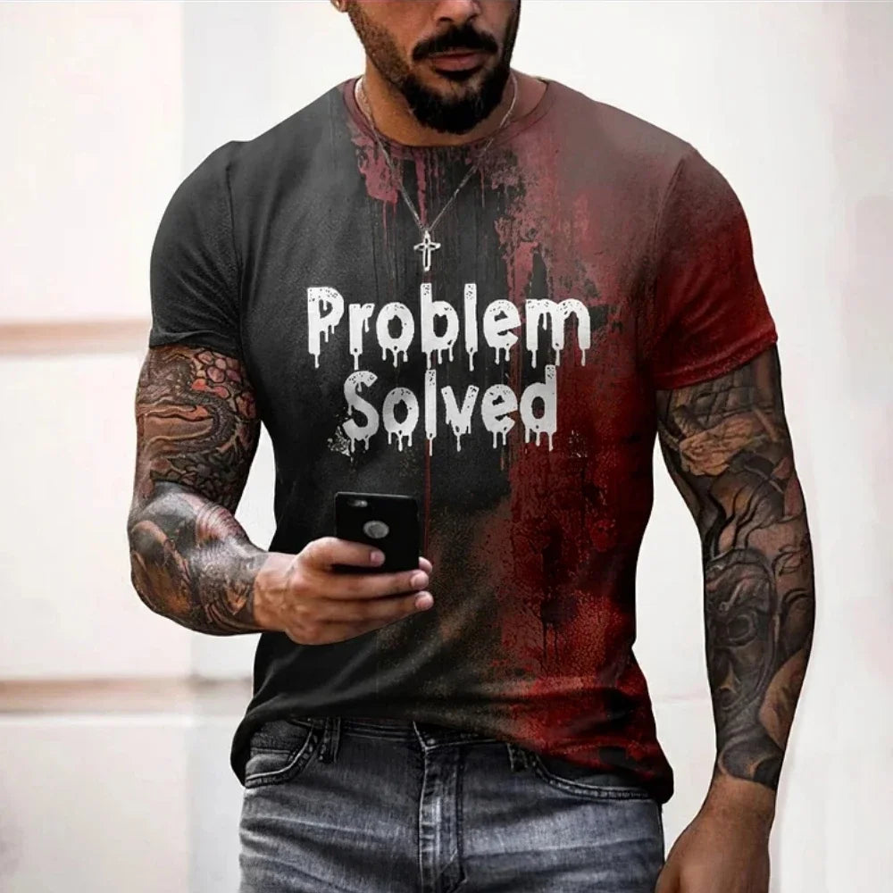 Men's T Shirts Problem Solved Bloody Print Tees Fashion Horrible Halloween Short Sleeve Casual Round Neck Oversized T-shirt Tops