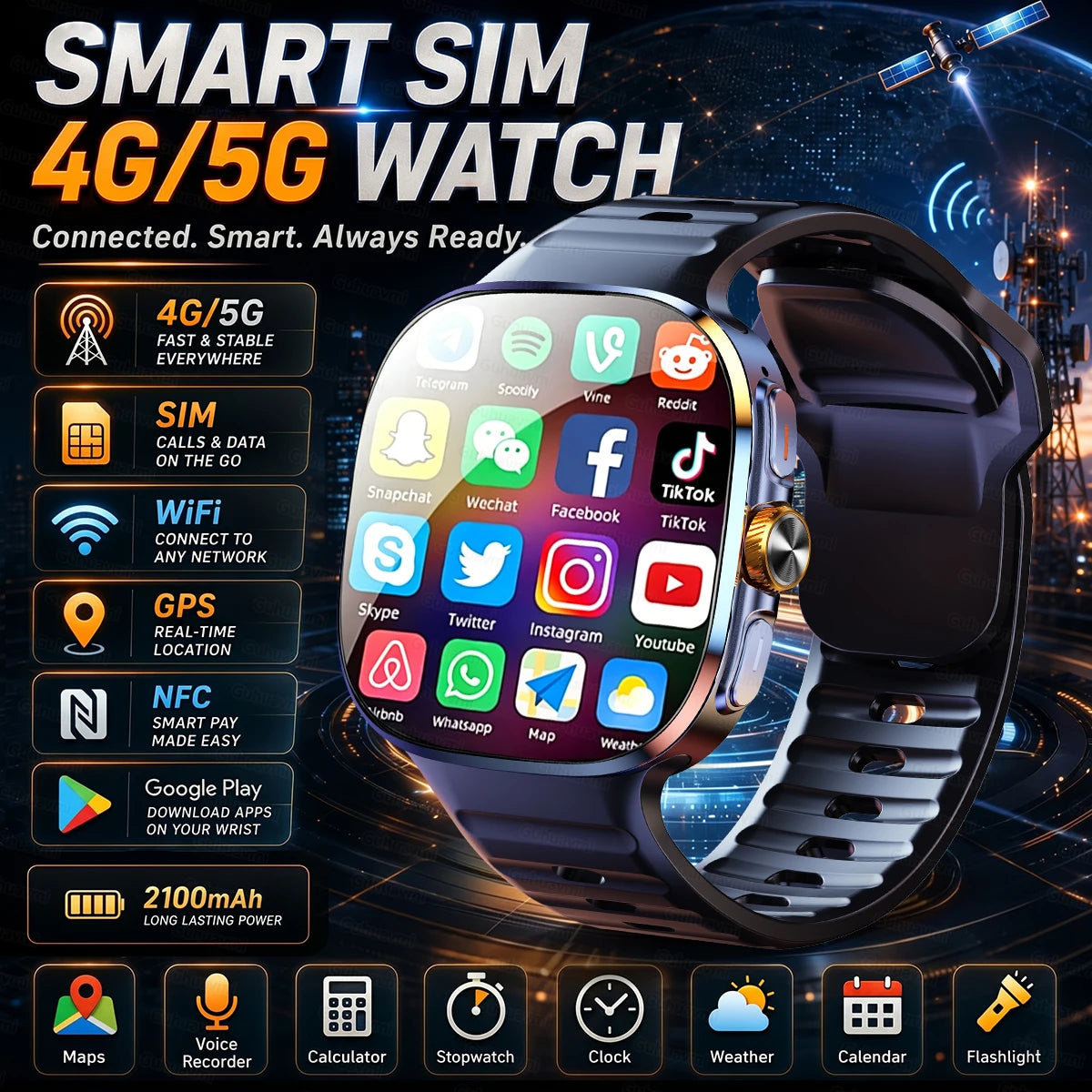New upgrade 5G/4G Full Network Smart Watch AMOLED 2100mah Rotating Camera GPS WIFI Google APPS Download Smartwatch phone iOS
