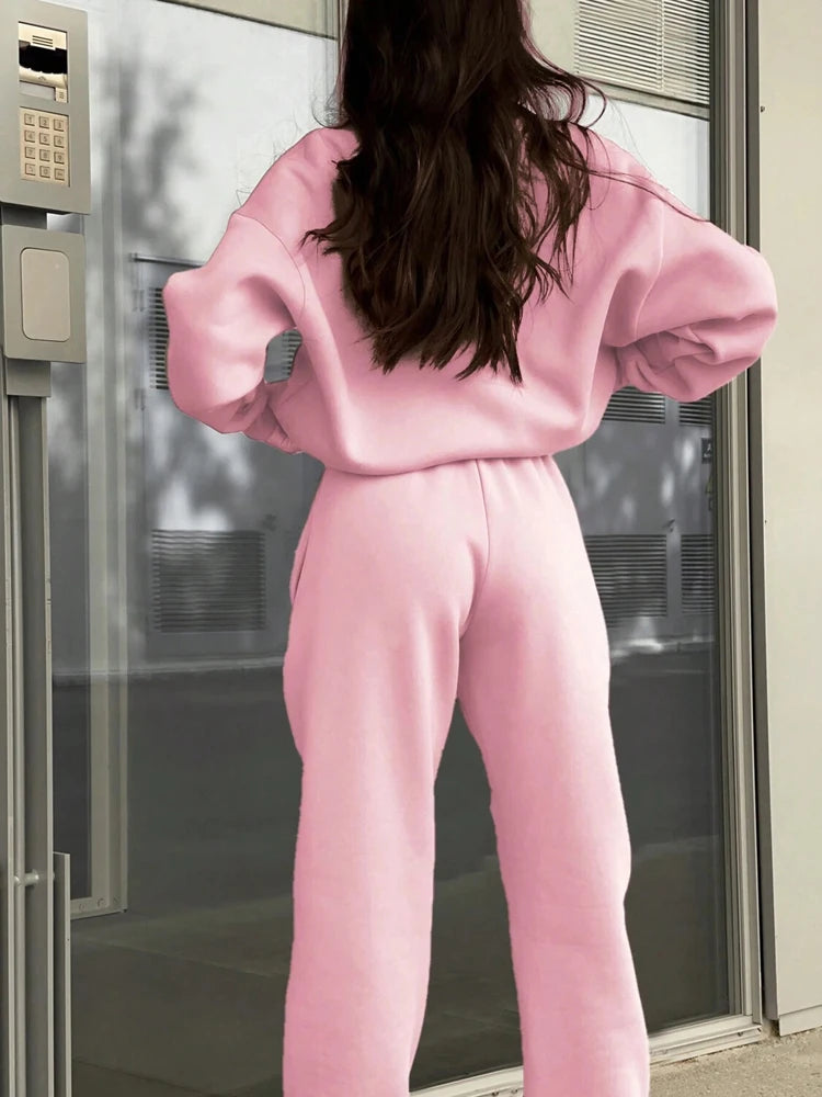 FSMG Casual Half High Neck Tracksuit Solid Long Sleeve Zippers Pullovers+Elastic Waist Pant 2 Piece Set Female Sport Outifits