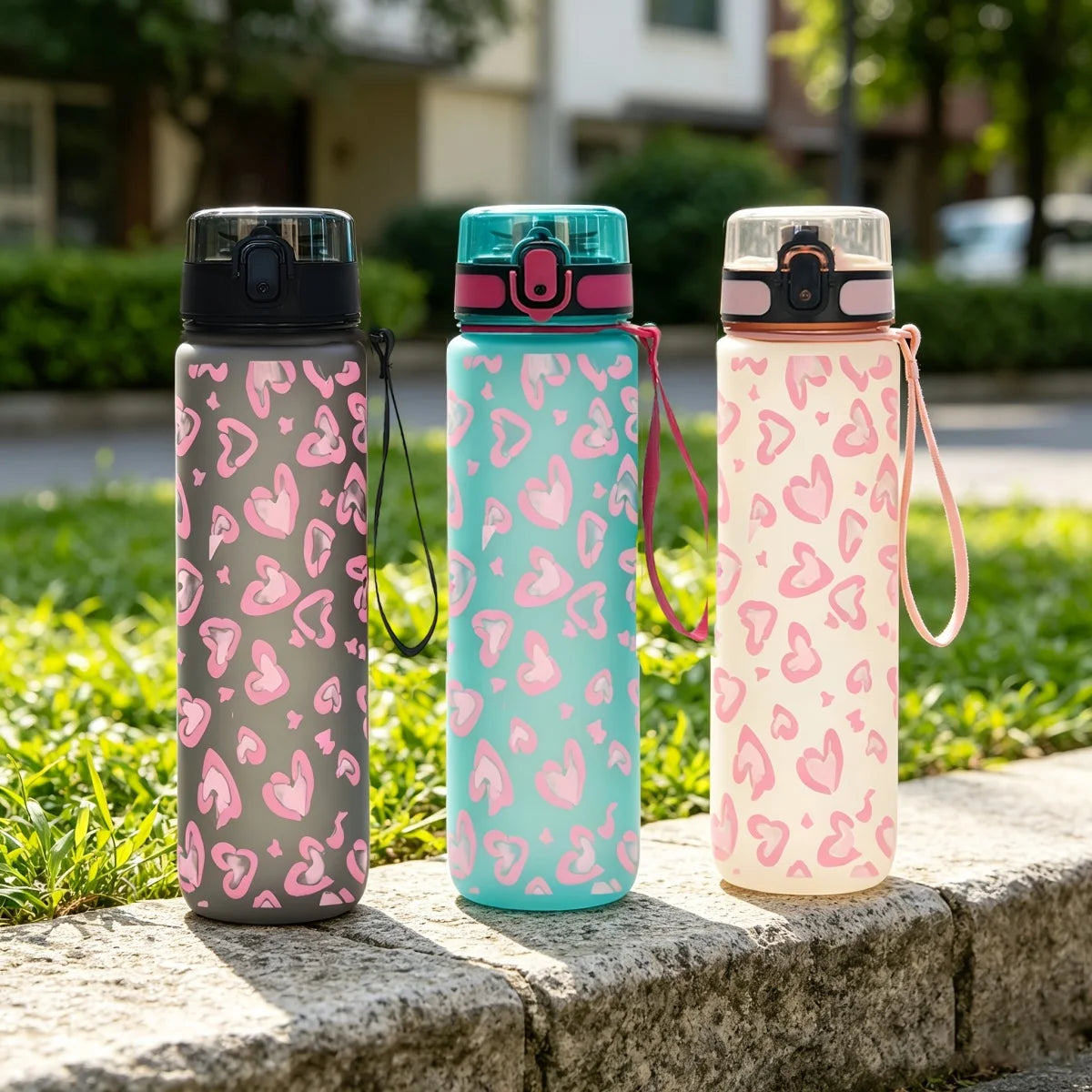 1Pc 750ml Heart Print Water Bottle, Leakproof Flip Top Sports Bottle with Lanyard, Portable Travel Gym Drinking Cup for Women Gi