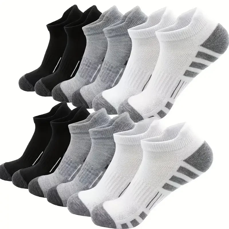 12Pairs Men Black White Grey Towel Bottom Sweat Absorbent Anti Odor Breathable Non Slip Ear Loop Short Socks For Running Sport