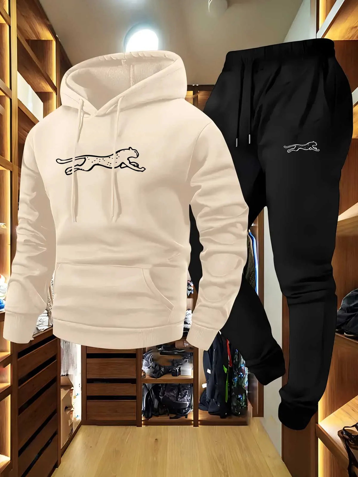 Men's Hooded Sweatshirt and Sweatpants Set Casual Long-Sleeved Leopard Print Hooded Style Pocket Comfortable Streetwear Style