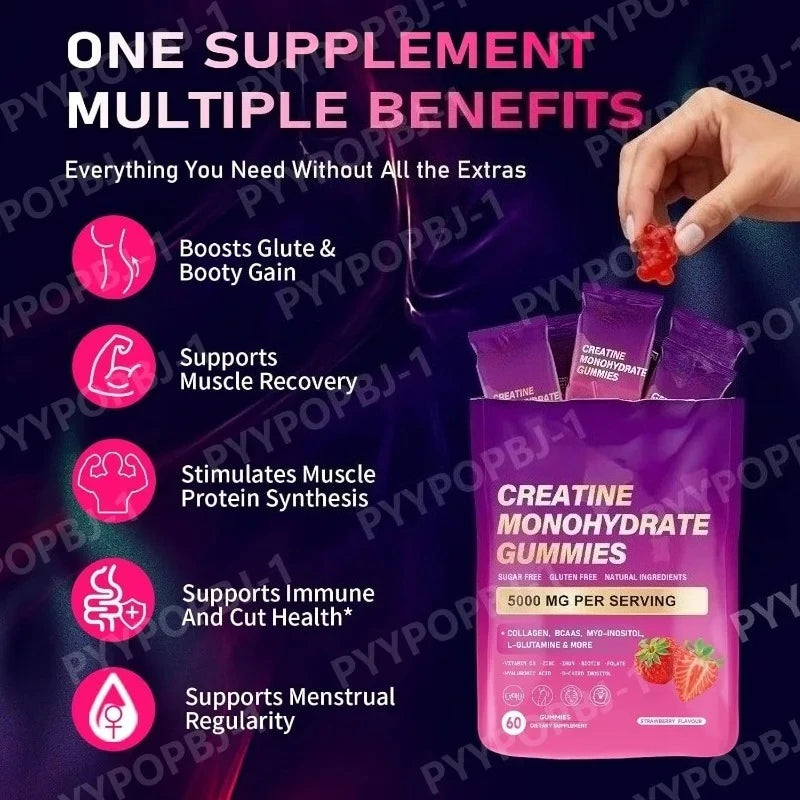 Creatine Monohydrate Gummies 60 Count with Collagen, Biotin, Vitamin D3 & Hyaluronic Acid for Daily Pre & Post Workout Recovery