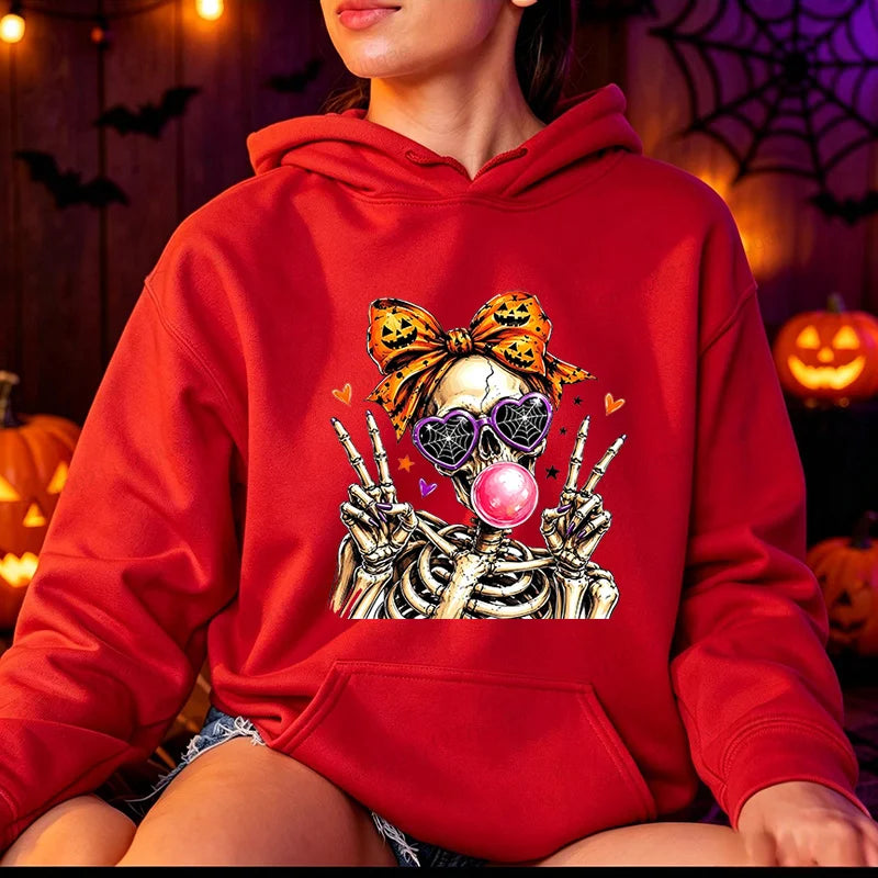 Funny Cute-Skeleton-Halloween Hoodie Skeleton Men Women Vintage Horror Graphic Pullover Sweatshirt Spooky Season Hoodies Gifts