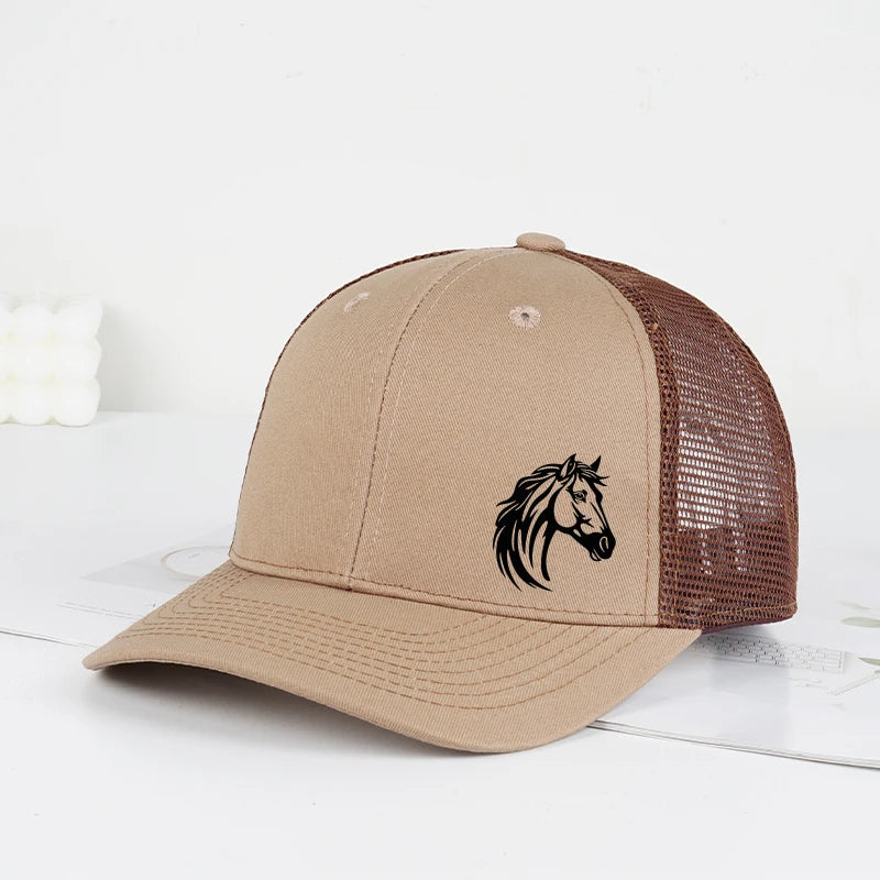 Western Horse Head Print Trucker Cap Adjustable Unisex Cowboy Riding Mesh Sun Hat