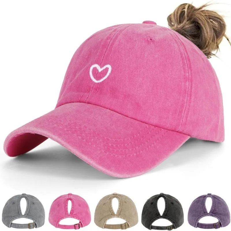1pc Retro Washed Little Heart Embroidered Ponytail Baseball Cap for Women,Outdoor Sports Adjustable Women's Cap for Daily Wear