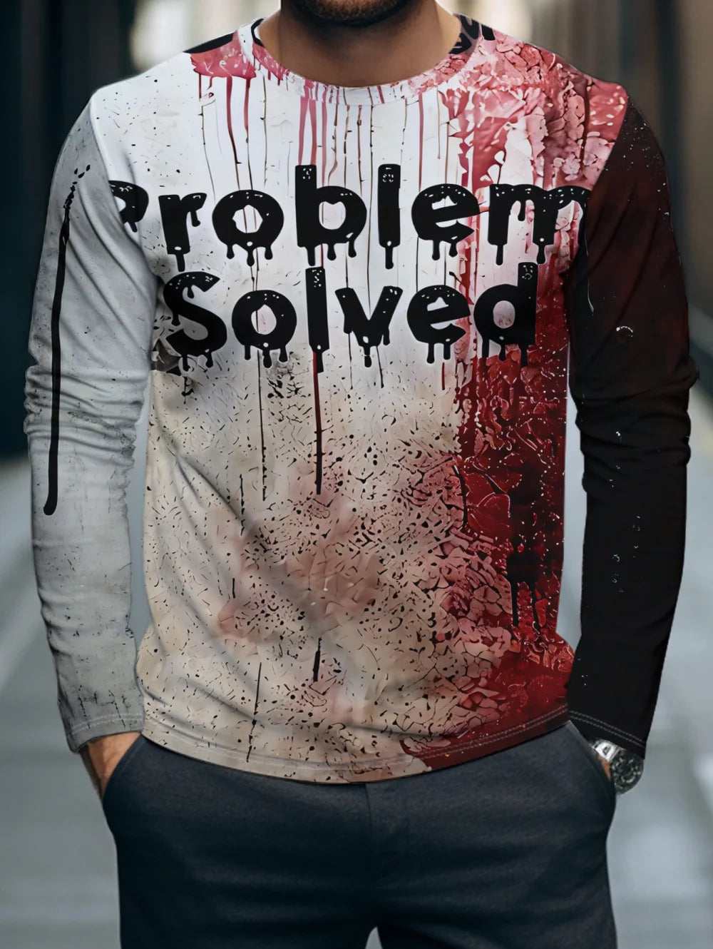 Problem Solved Bloody 3D Printed Men's T-Shirts Fashion for Men Horror Halloween Long Sleeve Tops O-Neck T-Shirt Mens Clothing