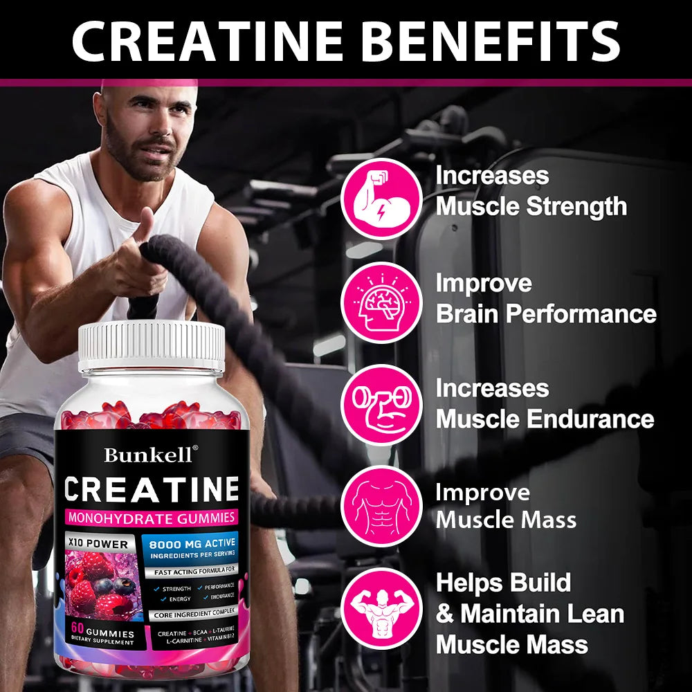Creatine Monohydrate Gummies - 8000 Mg, Pre/post Workout, Fitness, Strength, Muscle Building Provide Energy Supplements