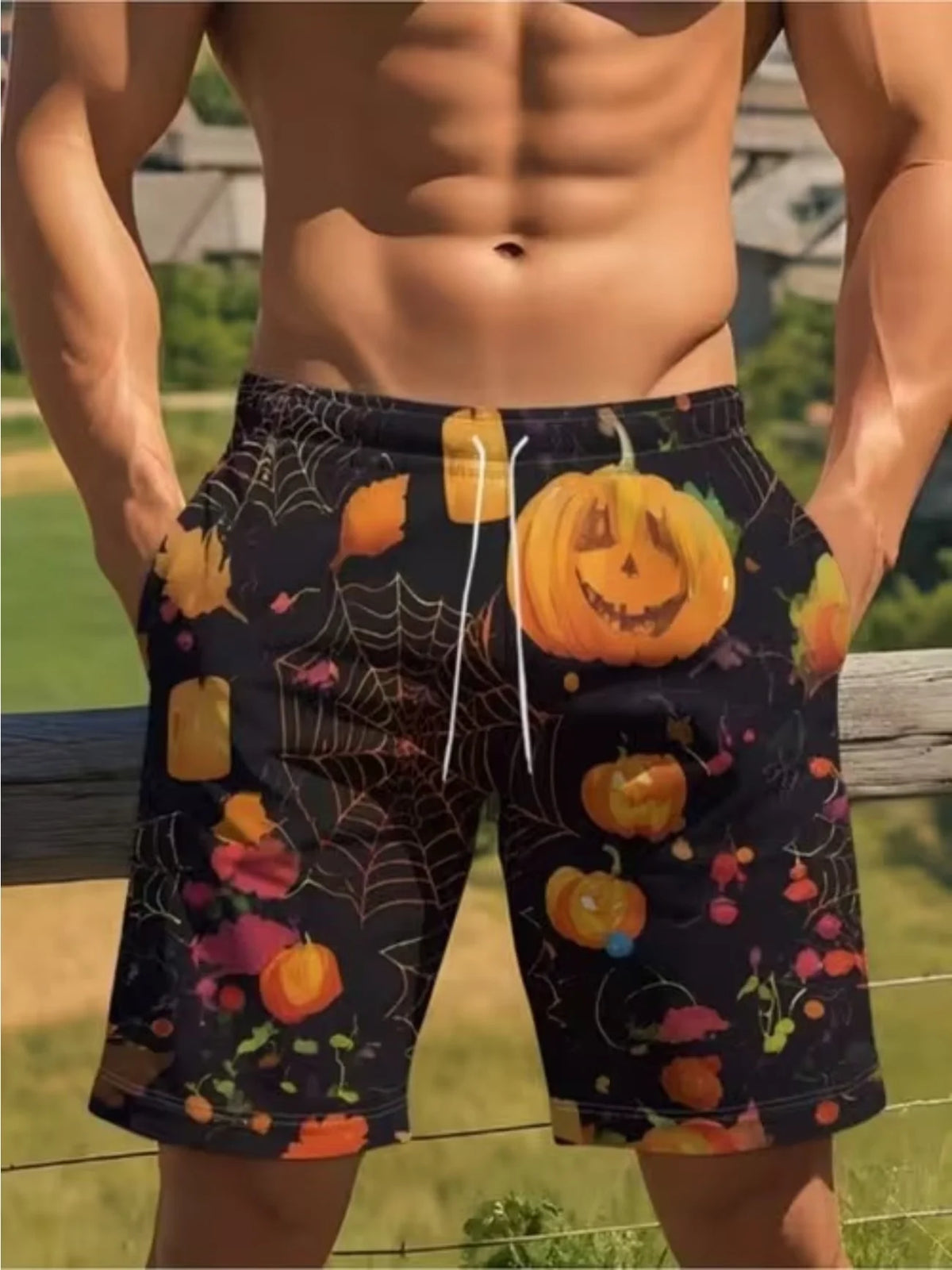 Summer Men's Women's Quick-Drying Beach Shorts Halloween Pumpkin Printed Shorts Beach Swimming Party and Outdoor Sport Shorts