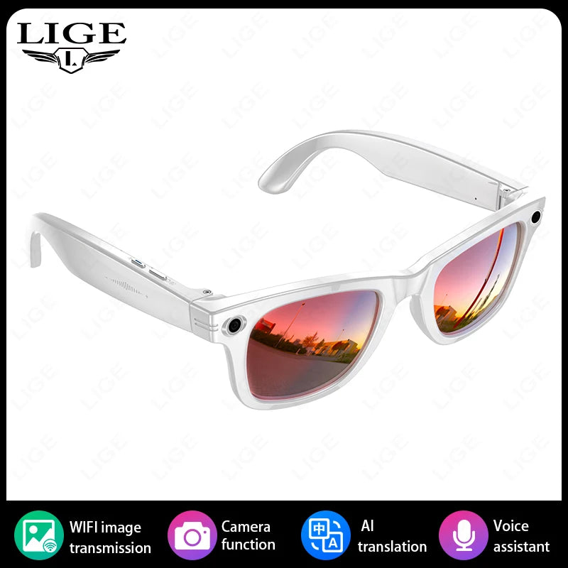 LIGE AI Smart Glasses with Camera Music Video Bluetooth Call Glasses Man 270mAh Voice Assistant Music Sunglasses for Android iOS