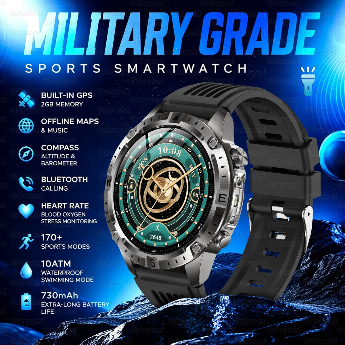 2026 New Rugged Military Smartwatch 2GB Memory GPS Offline Maps Compass 24H Heart Rate 10ATM Waterproof Bluetooth Sports Watches