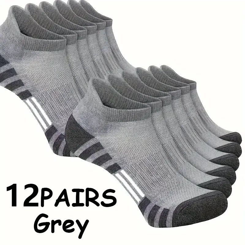 12Pairs Men Black White Grey Towel Bottom Sweat Absorbent Anti Odor Breathable Non Slip Ear Loop Short Socks For Running Sport