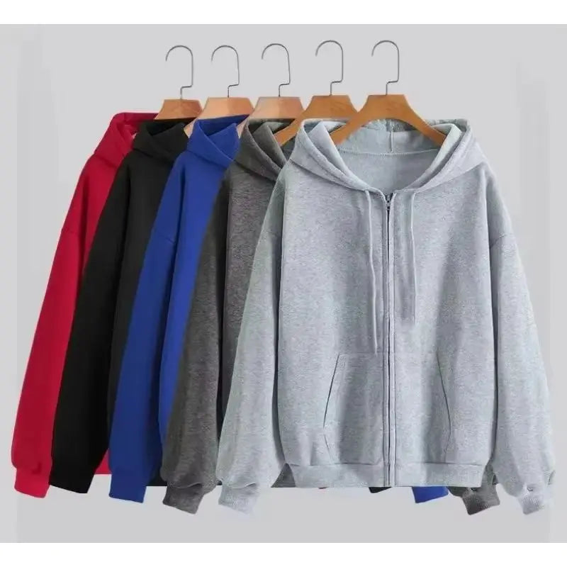 Oversize Women Hoodies Casual Solid Zip Up Hooded Sweatshirt Harajuku Korean Loose Couple Hoodie Jacket Coat Streetwear