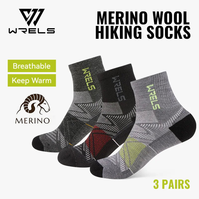 WRELS 1/2/3Pairs Merino Wool Socks Hiking Running Socks Breathable Cushion Sweat Wicking Warm Thermal Compression Wool Socks